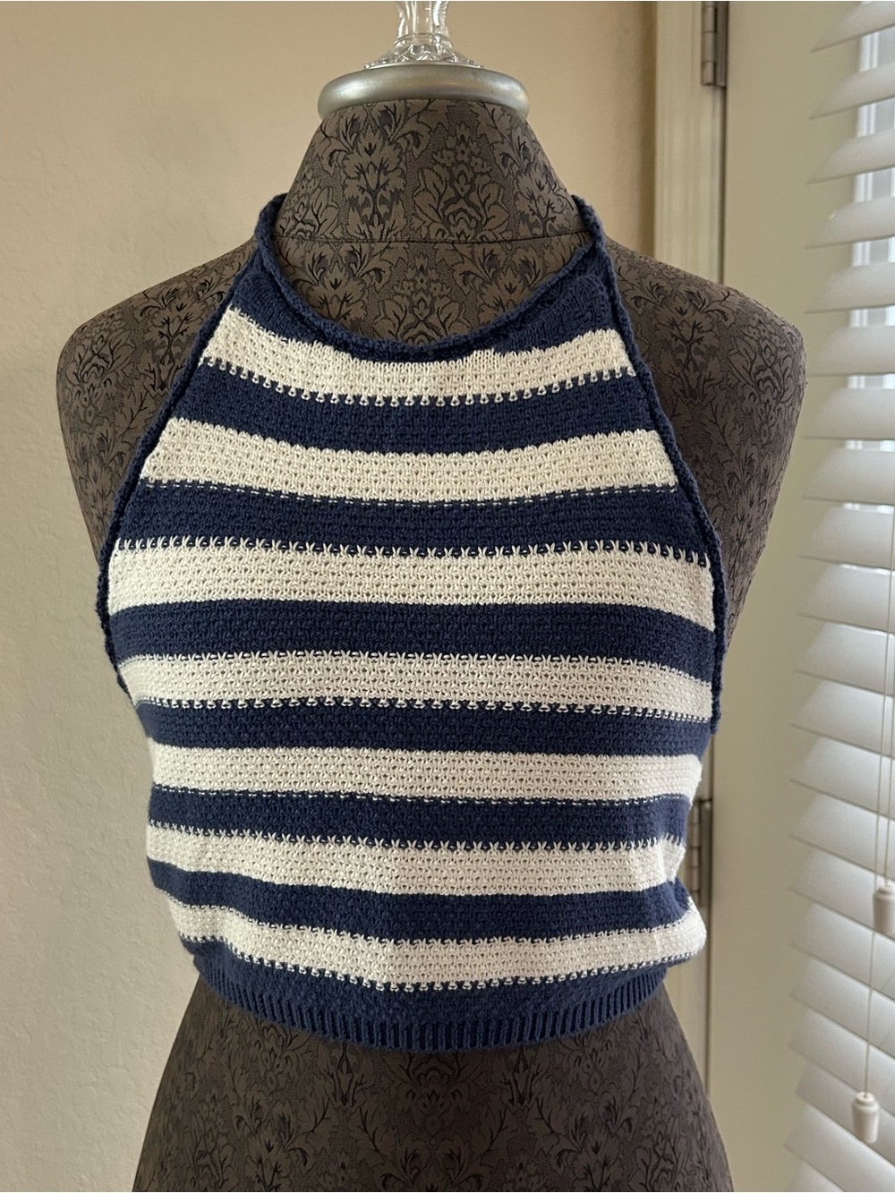 Billabong Navy and White Striped Halter Crochet Crop Top